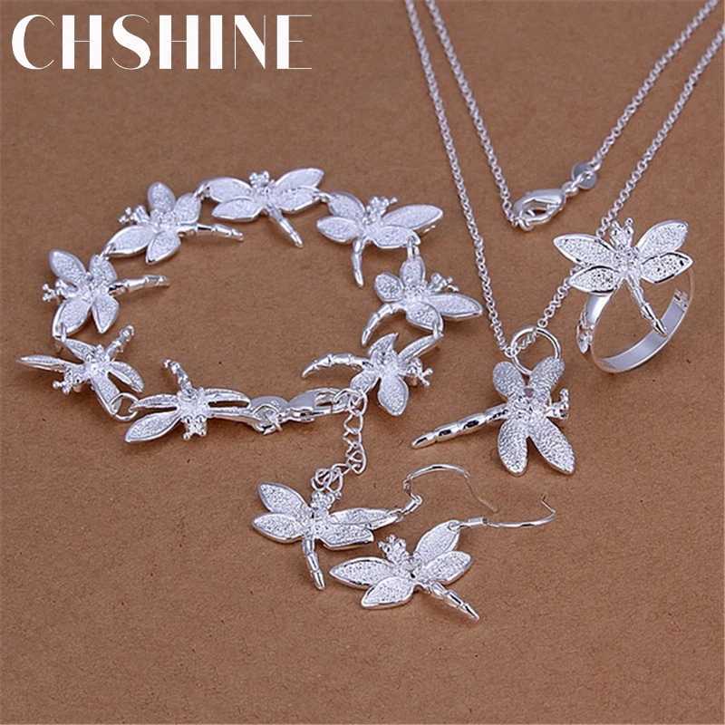 Fashion Luxury 925 Sterling Silver Crystal dragonfly pendant necklace earring rings for women Popular Jewelry set gifts H260307-image-1096654756