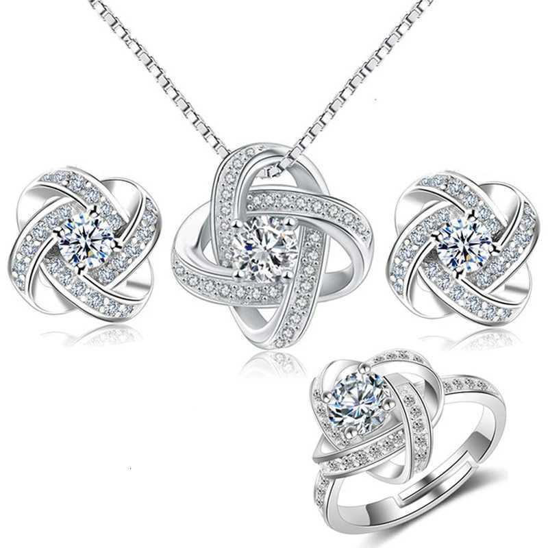 925 Sterling Silver Jewelry Set For Women Forever Twist Flower Zirconia Knot NecklaceEarringRing Wedding Bijoux de Prata H260307-image-1096654374