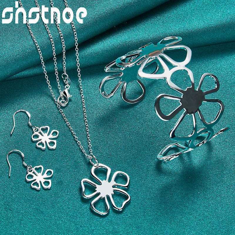 3pcs 925 Sterling Silver Flower Jewelry Sets Snowflake Chain Pendant Necklace Bangle Earrings Set For Woman Wedding Engagement H260307-image-1096655425