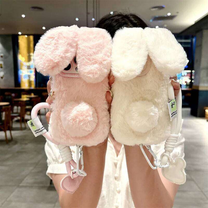 3D Cute Cartoon Rabbit Ears Warm Furry Plush Bunny Phone Case With Lanyard For iPhone 15 14 13 12 11 16 Pro Max Shockproof Cover H260305-image-1096581612