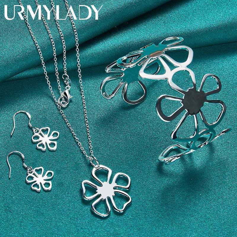 URMYLADY 925 Sterling Silver Flower Necklace Earrings Bangles Jewelry Set For Women Wedding Party Fashion Charm Gift H260307-image-1096654948