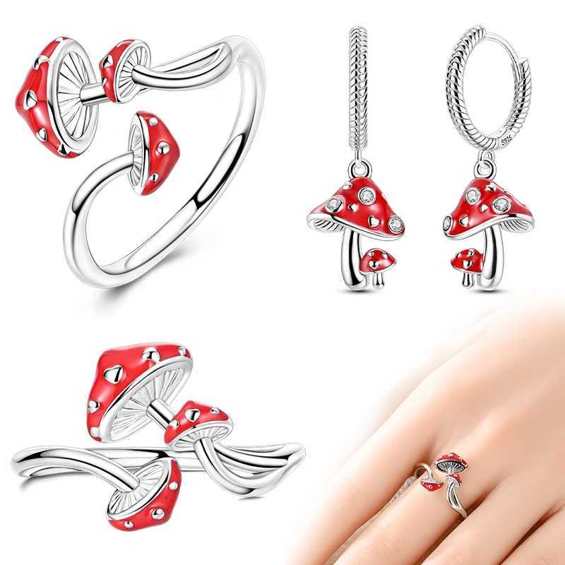 925 Sterling Silver Red Heart-Shaped Mushroom Rings Earrings 2-Piece Set For Women Fine Birthday Jewelry Sets H260307-image-1096654790