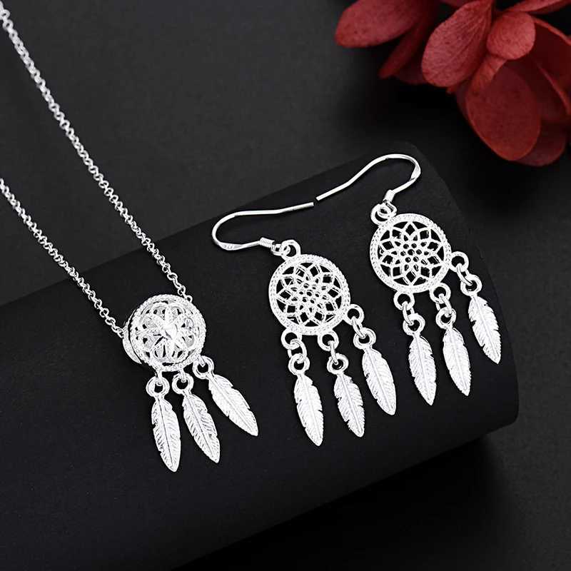 Cute Fine 925 Sterling Silver Charms Necklace Earring Jewelry for Women lady Retro Set Wedding Gift TRENDY H260307-image-1096654939