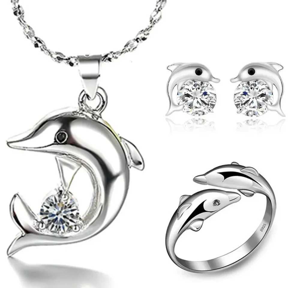 925 Sterling Silver Dolphin Necklace Earrings Ring Set Luxury Womens Banquet Engagement Party Jewelry Gift H260307-image-1096655276