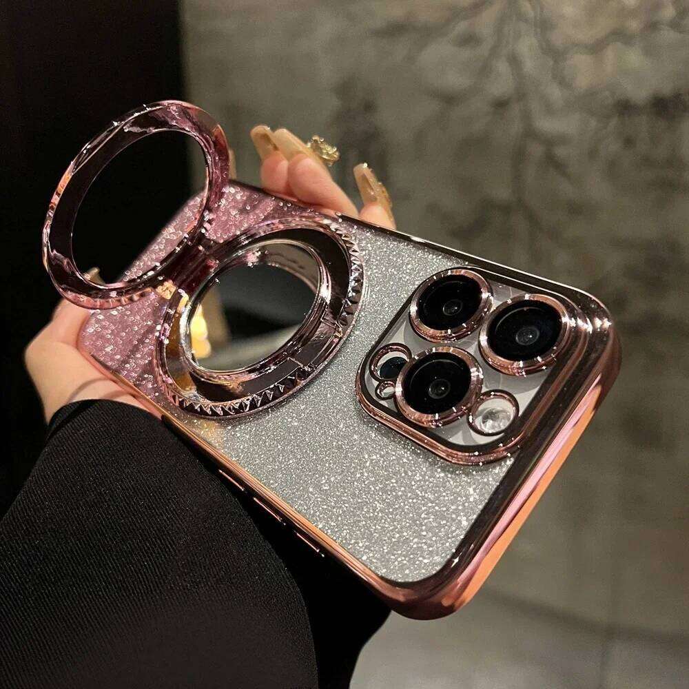 Glitter Gradient Mirror Bracket Case iPhone 15 14 13 16 Pro Max 12 11 X Xr Xs 8 7 Plus for Ring Holder Plating Cover H260305-image-1096583395