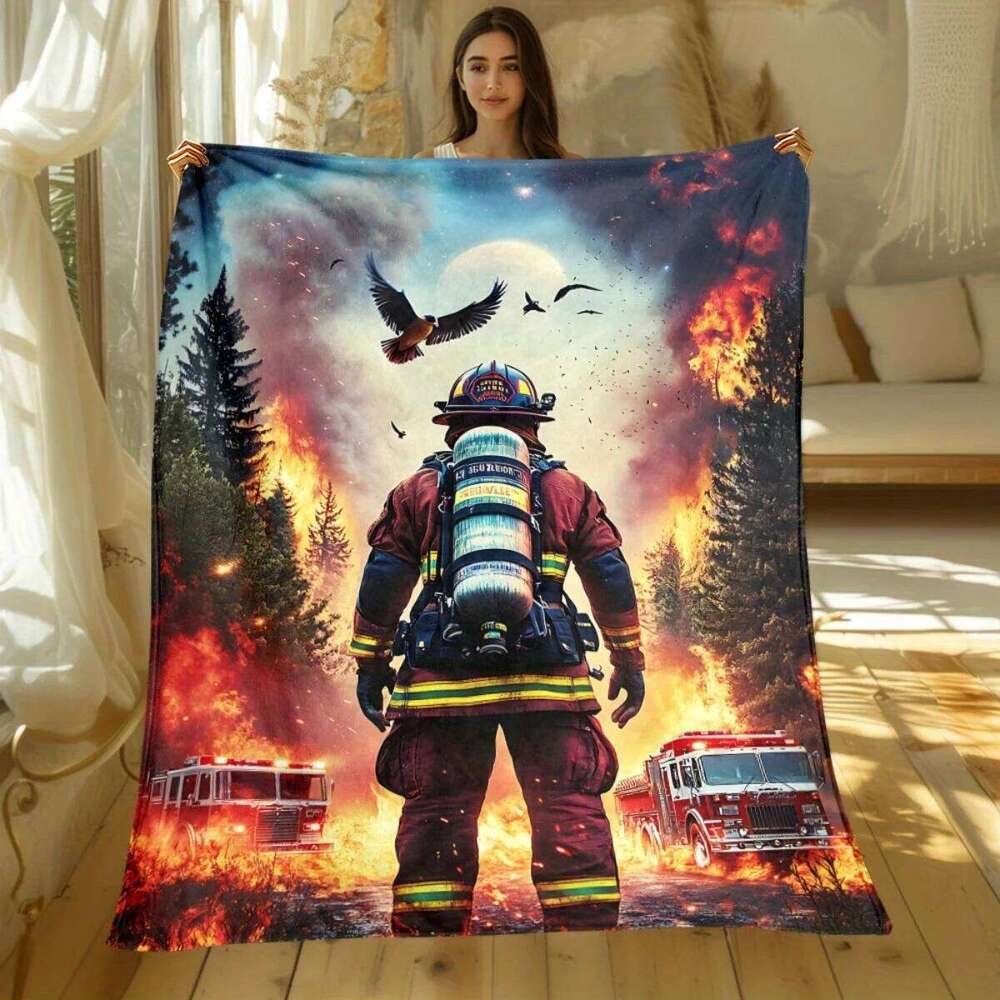 Firefighter forest pattern Flannel printed blanket all seasons suitable for living room office sofa and travel S26-image-1096597868