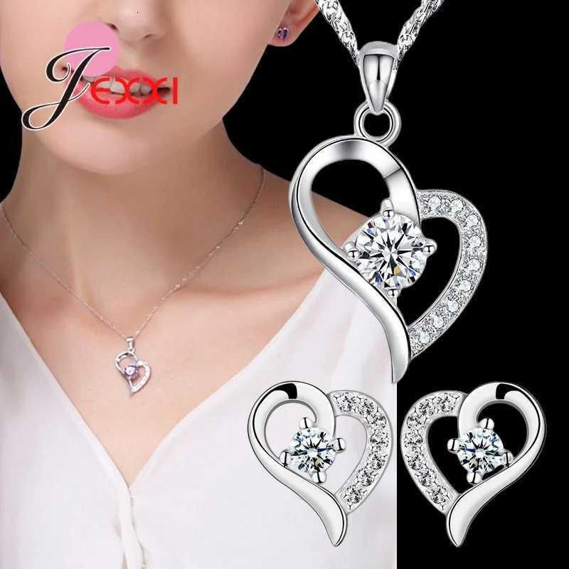 Whoelsae 925 Sterling Silver Jewelry Sets for Women Wedding Engagement Shiny Cubic Zircon Heart Charms Necklace Earrings H260307-image-1096654768