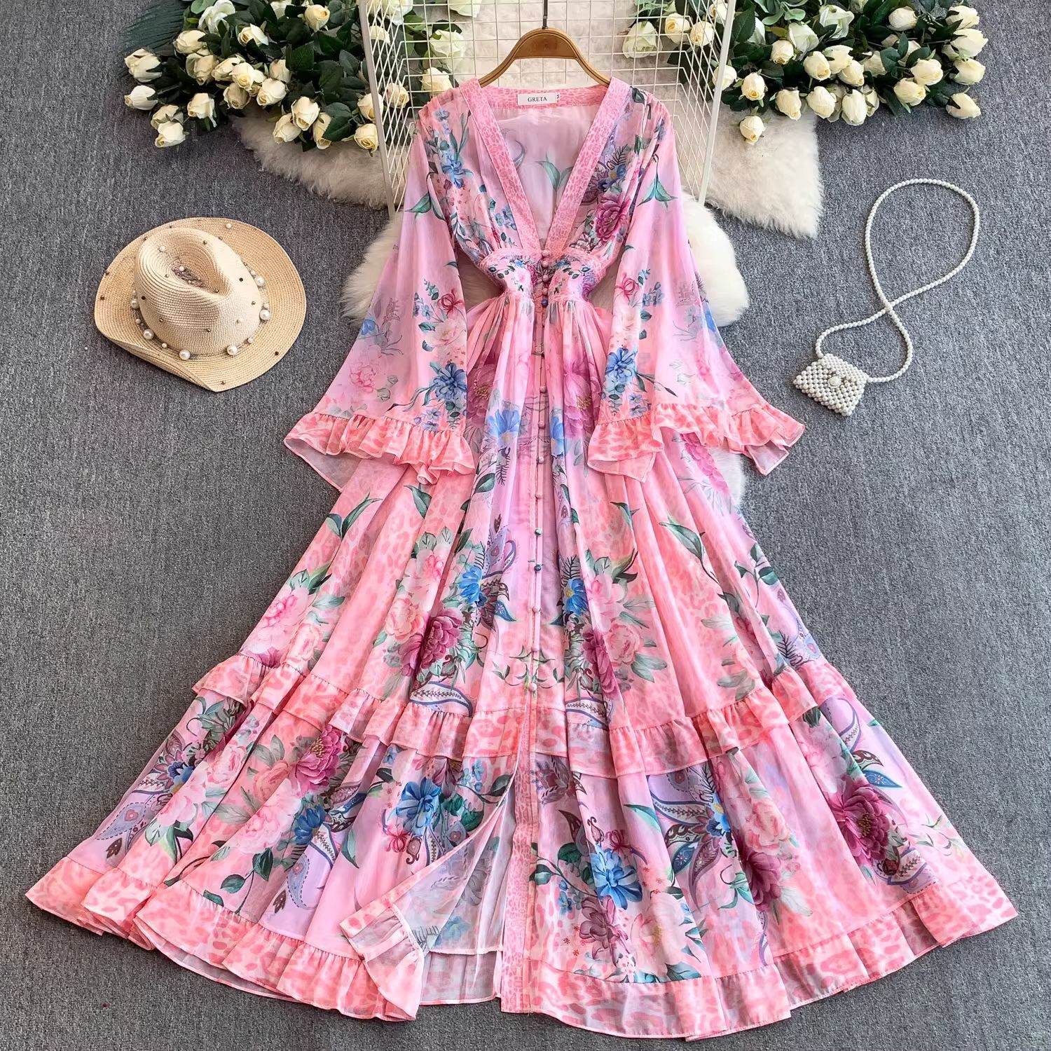 Printed V-neck Flared Sleeve Dress For Women Spring And Autumn Sexy Elastic Waist Large Hem Ruffle Long Dress