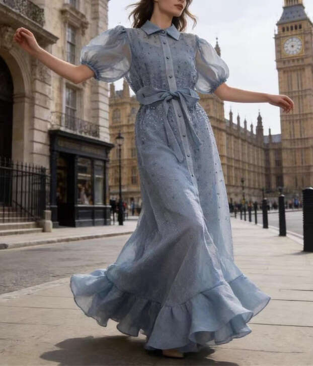 2026 Robe rétro de style féerique européenne et américaine avec strass semi-a5 transparent simple boutonnage ceinture ample jupe longue