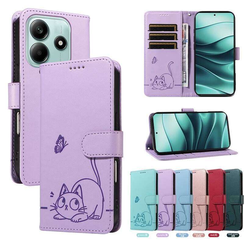 Magnetic Leather Wallet Flip Cover Case for Note 8 8T 9 10 11 12 13 14 Pro 4G 5G | Cat & Butterfly Embossed Design H260305-image-1096549474