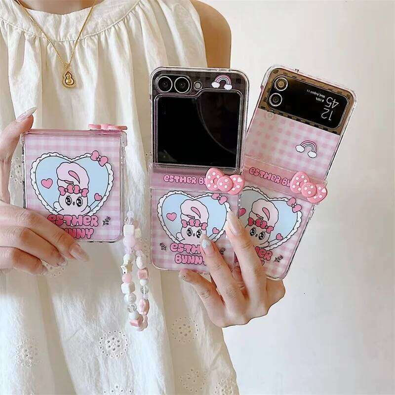 Korean Cute Bow Rabbit Phone Case For Gaalxy Flip 7 6 5 4 3 Z Flip6 Flip7 Cover with Chain Hinge Cases Kawaii Funda H260305-image-1096581432