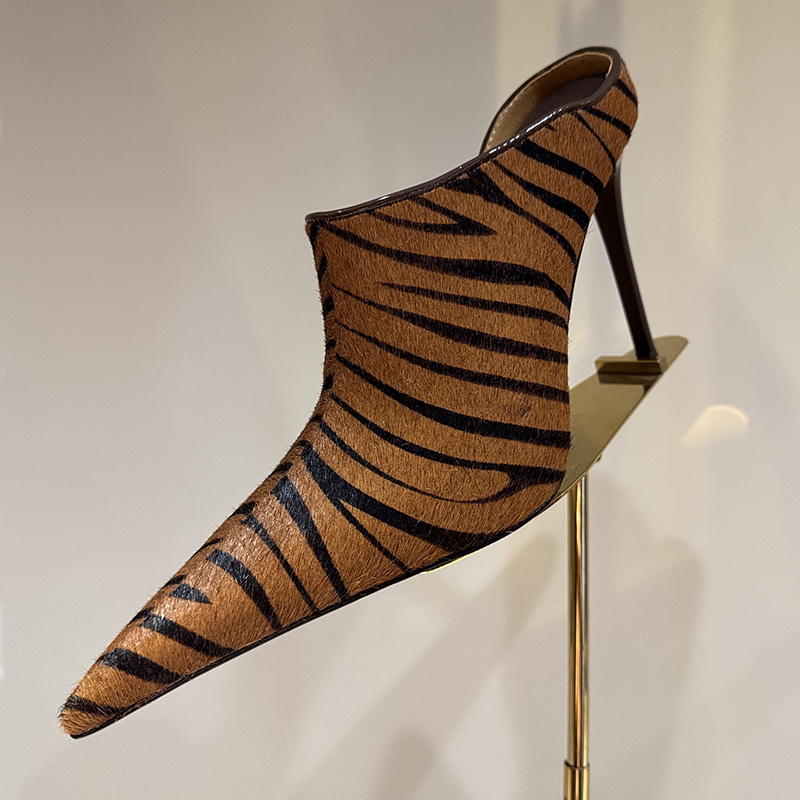 Zebra striped pointed horsehair integrated high heels, Muller shoes, leather soles, graffiti design, fashionable formal shoes, sexy women's sli