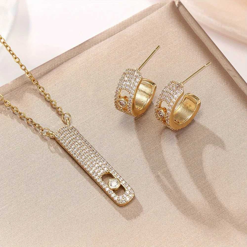 New Single Diamond Sliding Necklace Personalized Long Vertical Smart Full Diamond Pendant Necklace Earrings Two-piece Set H260307-image-1096655109