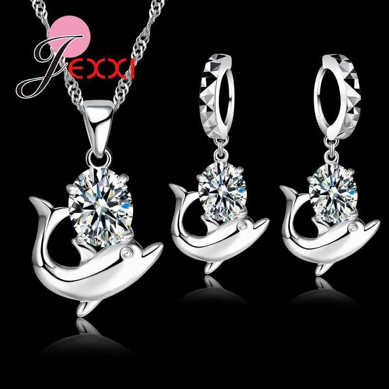 Fast Shipping Pretty CZ Cubic Zirconia Jewelry Set 925 Sterling Silver Romantic Dolphin Pendant Necklace Earrings Set H260307-image-1096654567