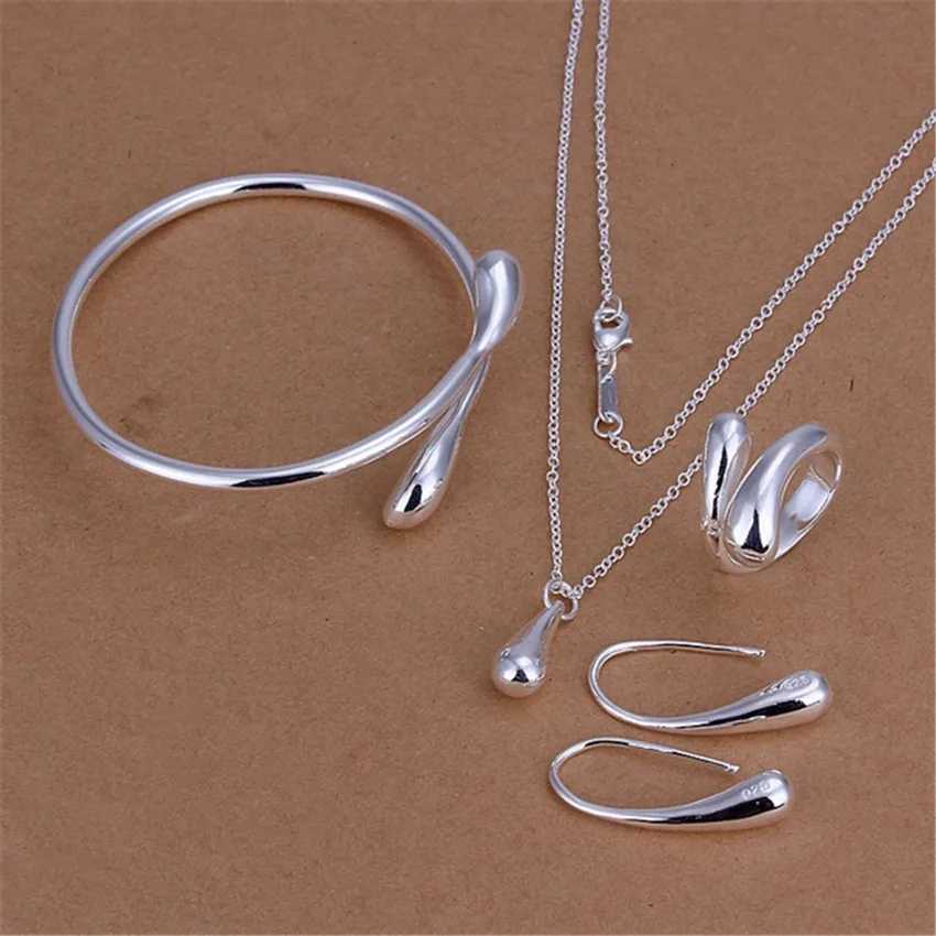 Hot Pretty 925 Sterling Silver Water drop Pendant bangle necklace earring ring for women Fashion Party Gift Jewelry set H260307-image-1096654501