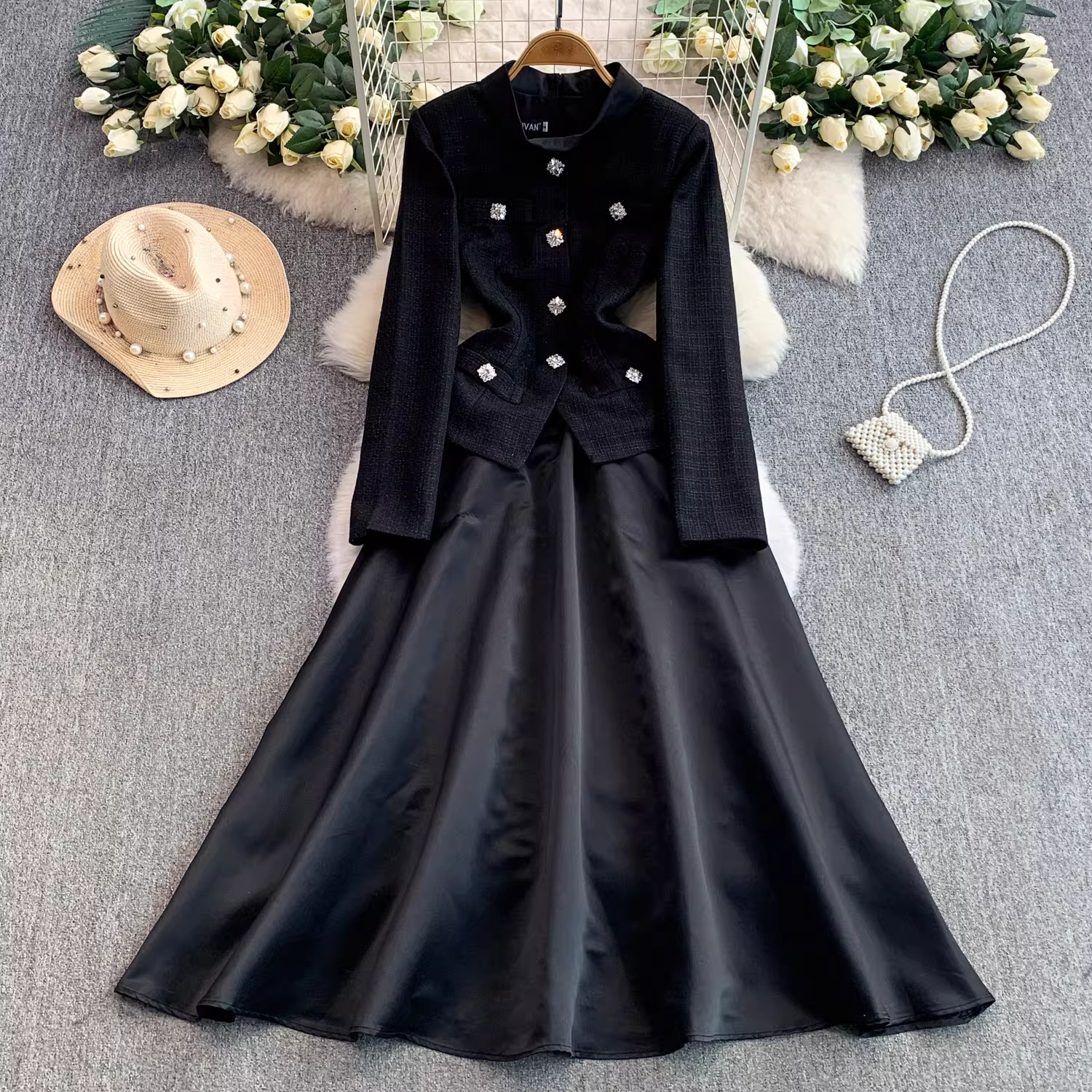 Fashion Style Black Light Luxury Tweed Round Neck Dress For Women Autumn And Winter Satin Patchwork Waist Slimming Long Dress