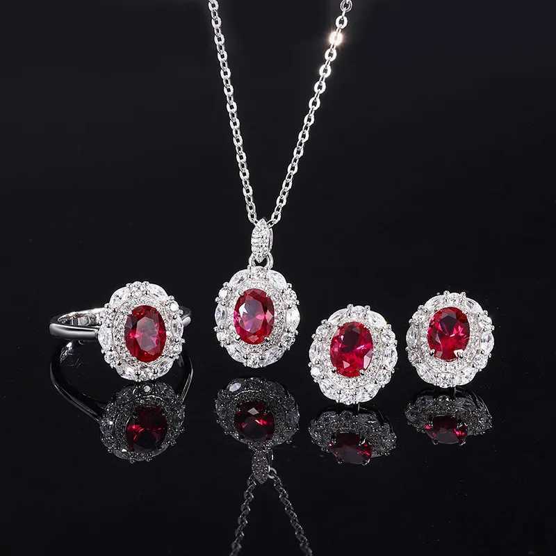 18K Gold Set with PT950 Platinum Jewelry Set Ruby Ring Earrings Pendant Three-piece Set H260307-image-1096654556