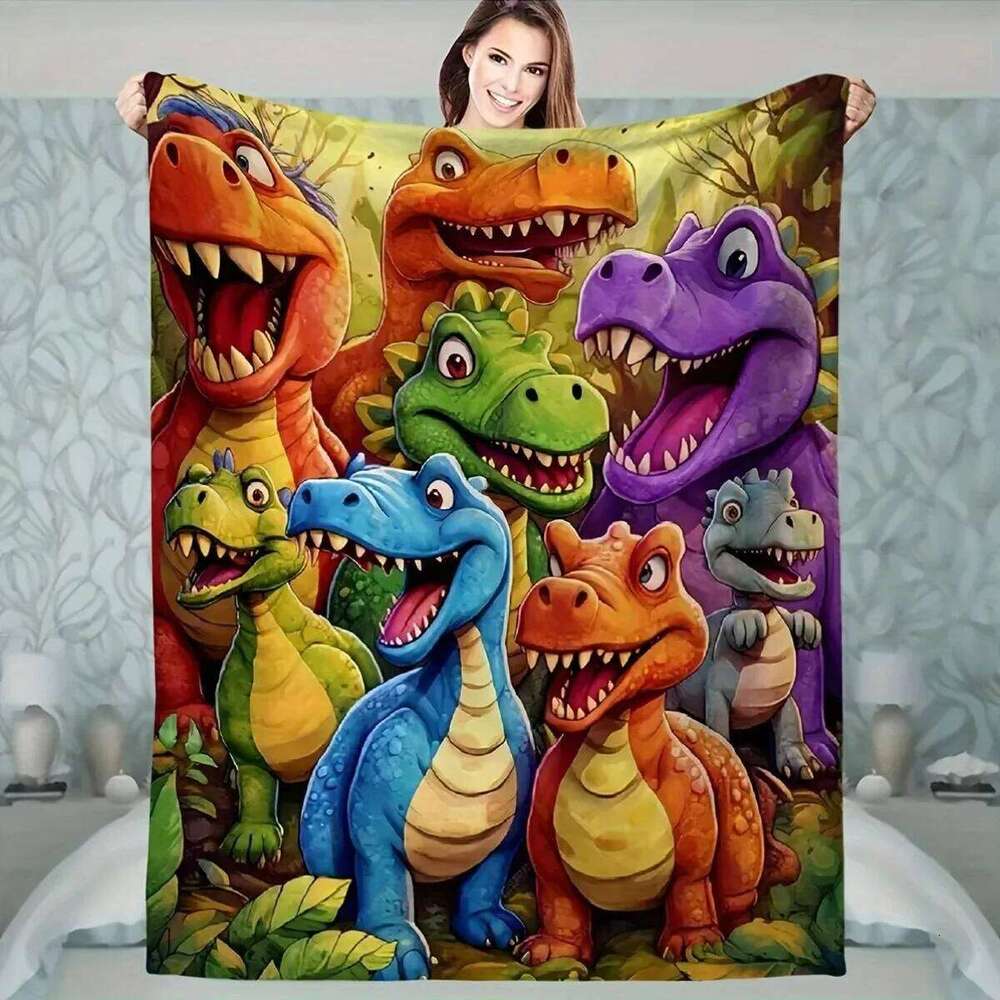 Cute Smiling Dinosaurs Digital Print Flannel Blanket, Animal Theme Comfortable Warm Throw, Perfect for Sofa, Bedroom, Travel S26-image-1096591567