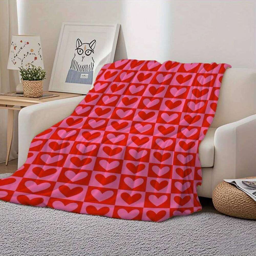 Red Pink Heart Plaid Print Flannel Throw Blanket Soft Warm and Cozy for Couch Bed Office or Camping All-Season Use S26-image-1096586551