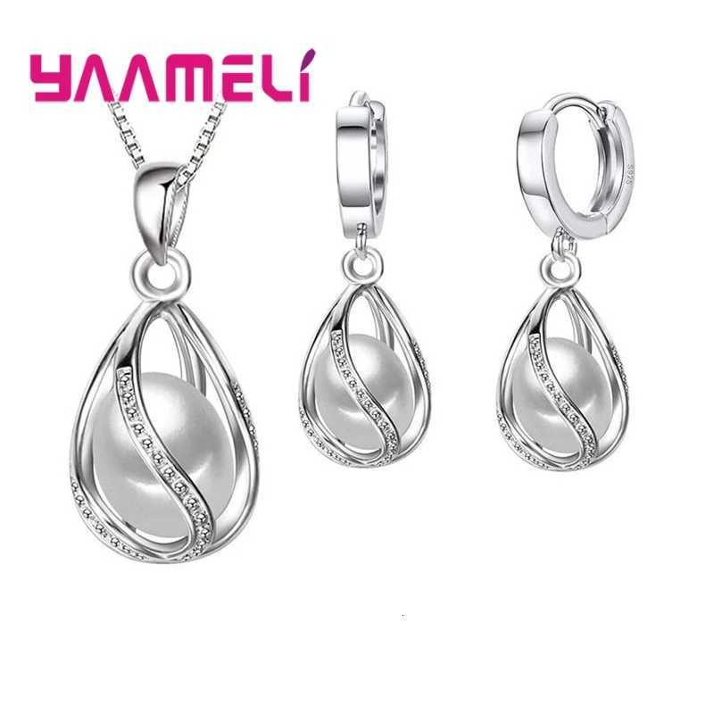 Elegant 925 Sterling Silver Gift Jewelry Sets for Women Female Rotating Freshwater Pearl Pendant Necklace Huggie Earrings H260307-image-1096654654