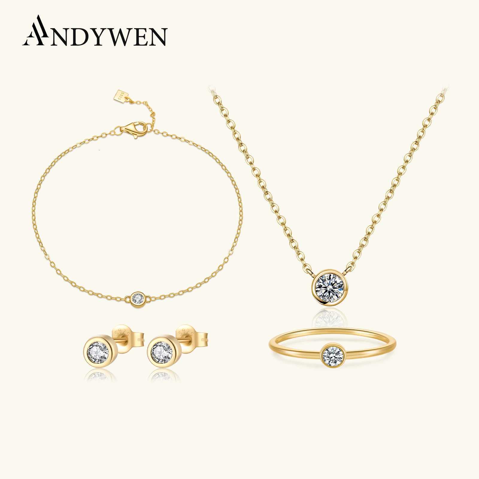 ANDYWEN 925 Sterling Silver Gold One Round Zircon CZ Charm Stud Earring Ring Necklace Jewelry Set 2021 Wedding Gift H260307-image-1096654810