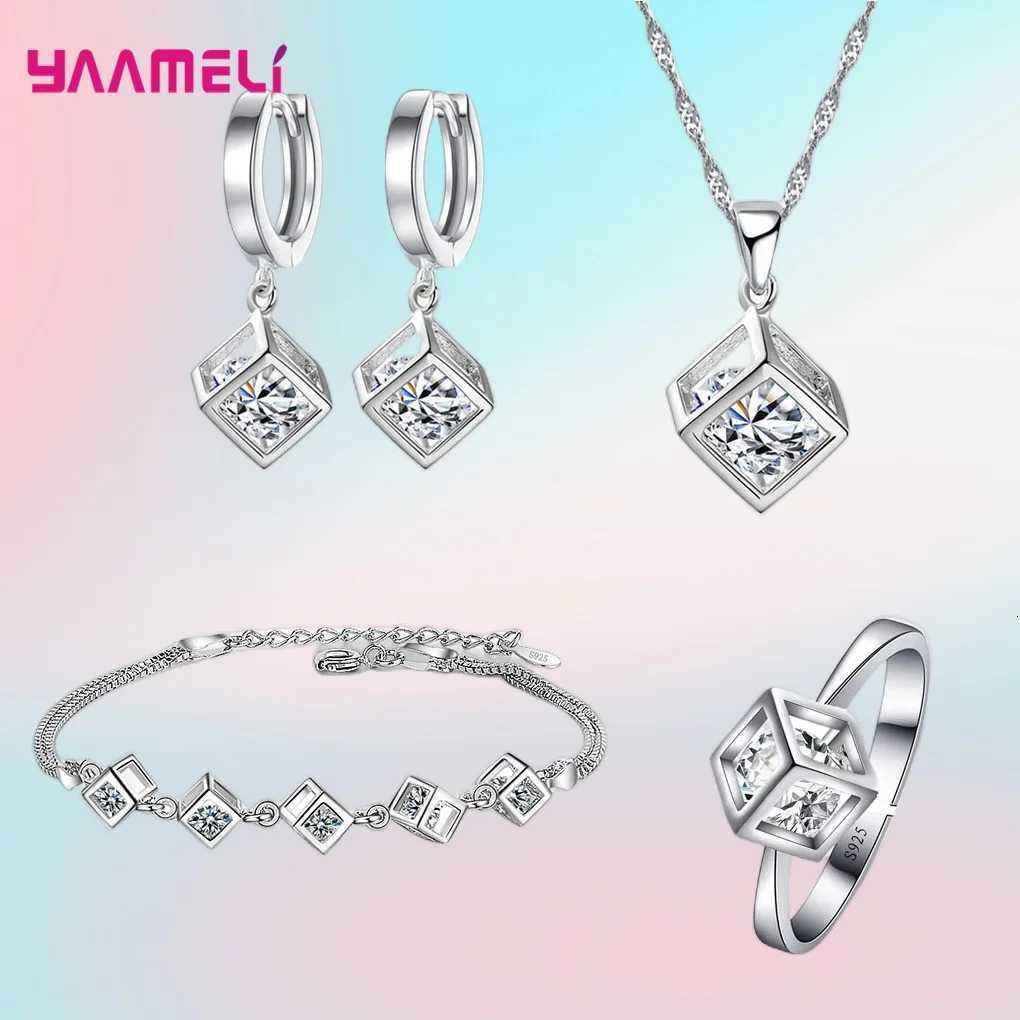 Top Sale Real Pure 925 Sterling Silver Jewelry Gift Set Cube Cubic Zircon Necklace/Earrings/Ring for Wedding Engagement H260307-image-1096655429