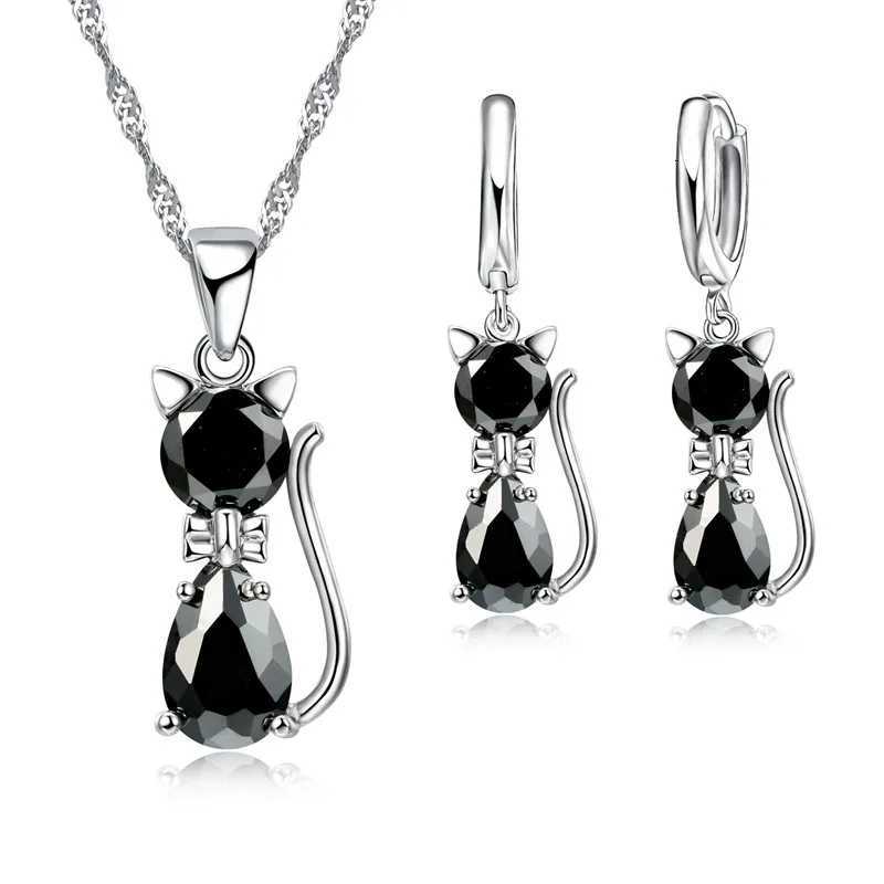 Small Cat Design Cubic Zircon Pendant Necklace Earrings Set for Women 925 Sterling Silver Jewelry Sets Party Jewelry Gift H260307-image-1096654882