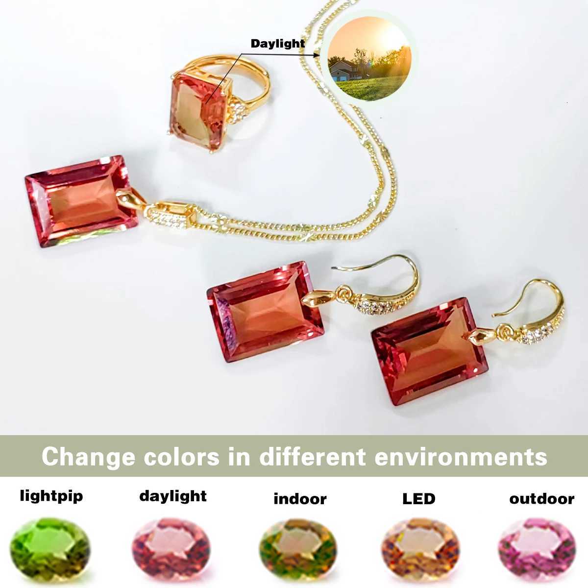 Color-change Sultanite Rectangular stone adjustable ring earrings necklace Jewelry Set for women change color in different light H260307-image-1096654615