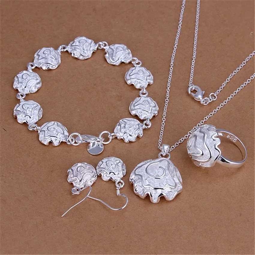 Hot 925 Sterling Silver Jewelry set rings necklaces earring for women fine rose flower Pendant Party Christmas gifts H260307-image-1096655218