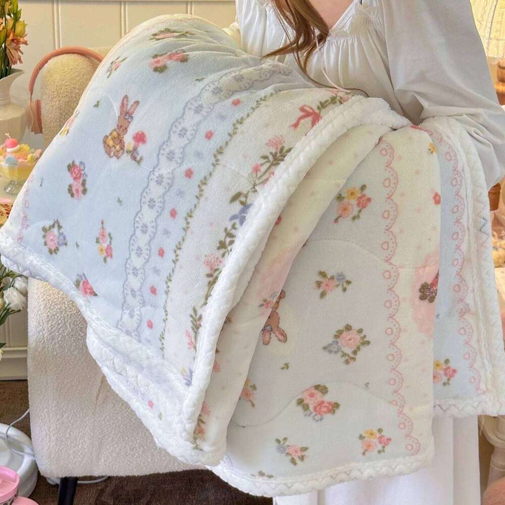 Cartoon Rabbit Print Flannel Winter Warm Cozy Throw Blanket for Bed Sofa Travel Floral Printed Soft Plush Blankets S26-image-1096593426