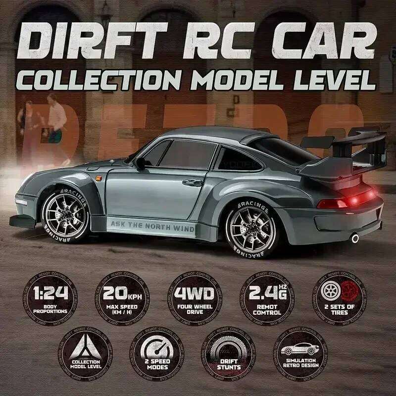 4WD 1:24 Semi-Proportional RC Car - 20KM/H High Speed with LED Lights, Drift Tires & Road Barrier Toy for Kids Adults C260306-image-1096605371