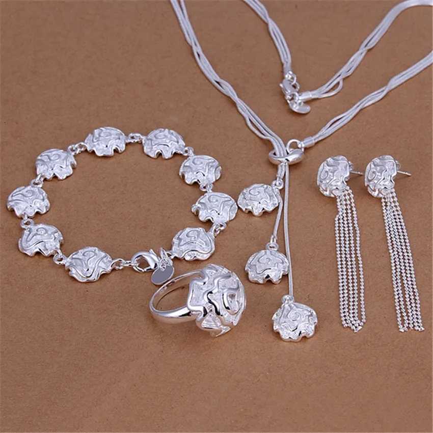 New romantic Rose flower 925 Sterling Silver rings necklaces stud earrings Jewelry set for women Fashion Party gifts H260307-image-1096655267