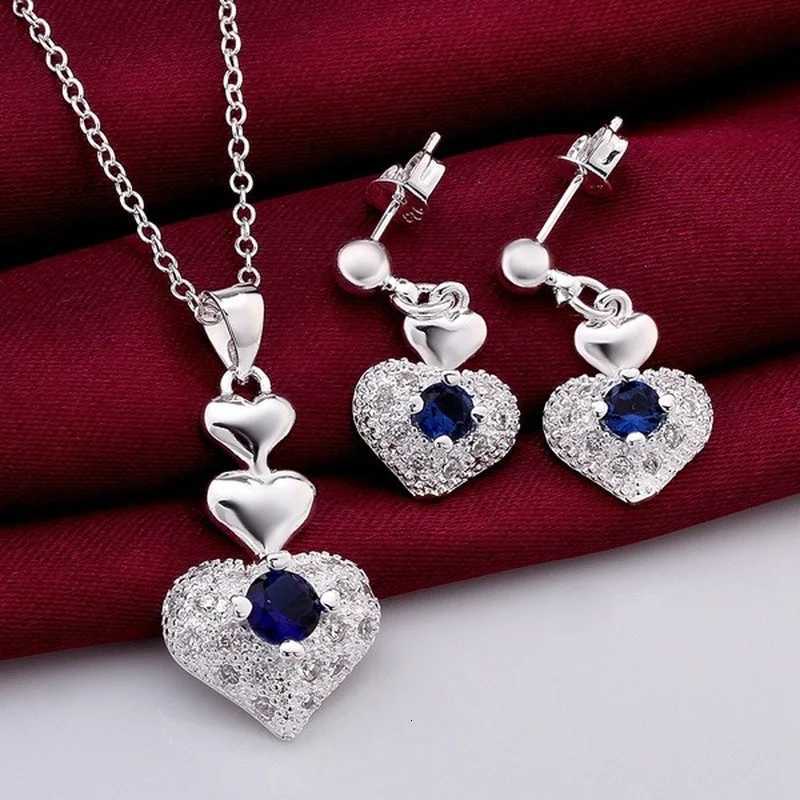 Cute pure 925 Sterling silver wedding jewelry romantic blue zircon crystal heart pendant necklace Earrings fashion jewelry set H260307-image-1096654863