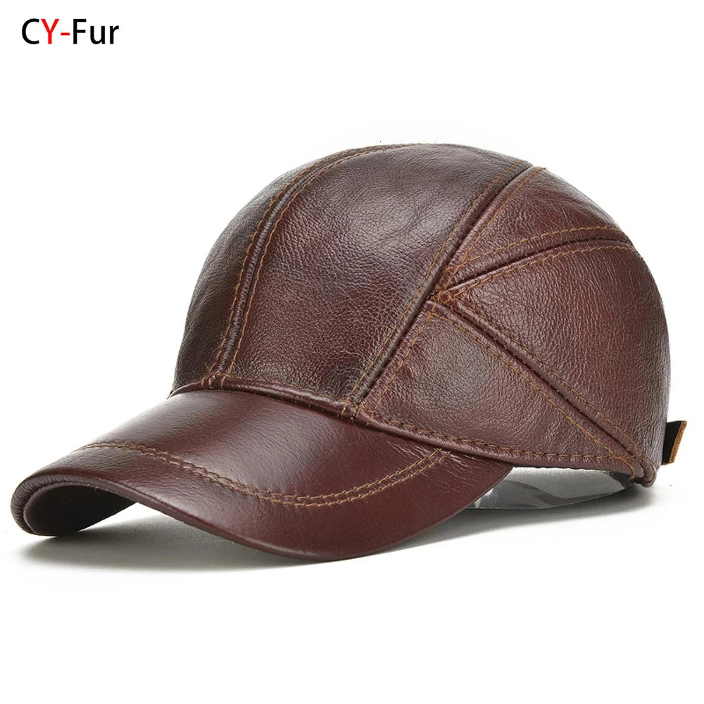 Style Casual Leather Earflap Cap Men Cowhide Leather Caps Male Fall Winter Genuine Cow Leather Baseball Hats 260306