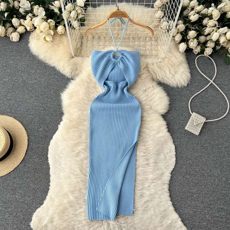 2026 high-end knitted asymmetrical collar women's clothing summer light and luxurious c10 slit designer pure and tempting