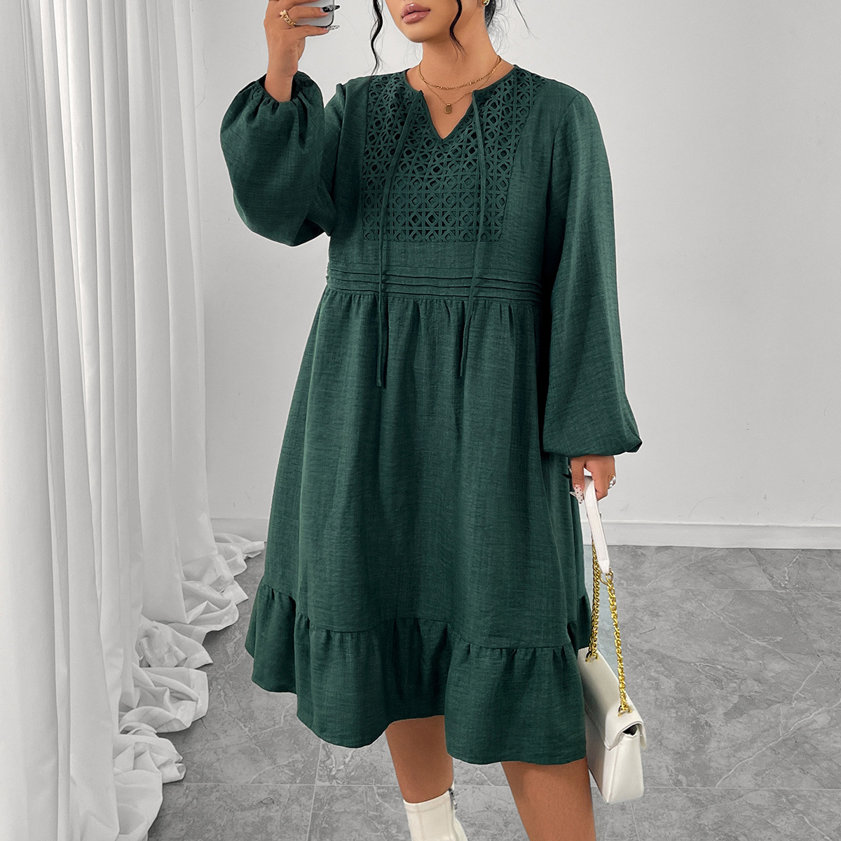 M0104 New cotton and linen splicing large size dress women's loose bubble sleeves hollow loose long dress