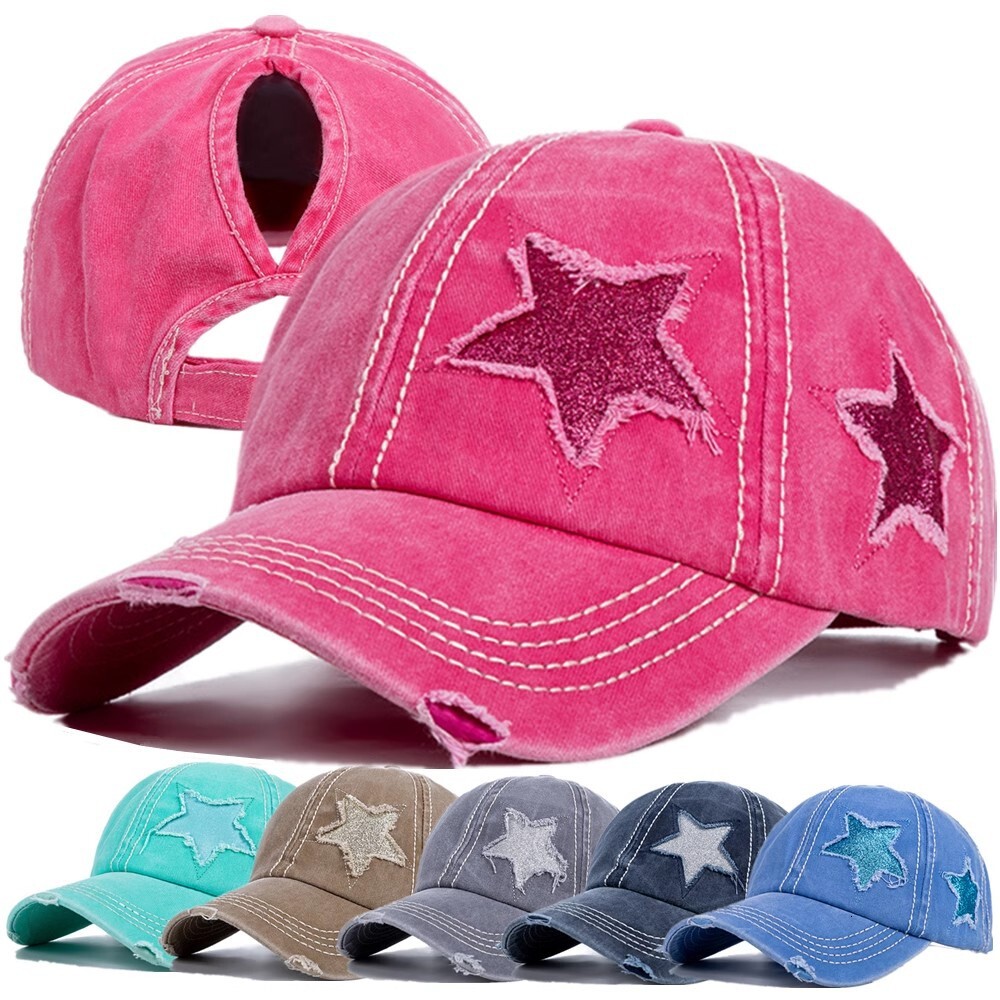 2026 New Designer Luxury Brand Style Pure Cotton Washed Ponytail Hole Pentagram Baseball Cap European And American Fashionable Curved Brim Ponytail
