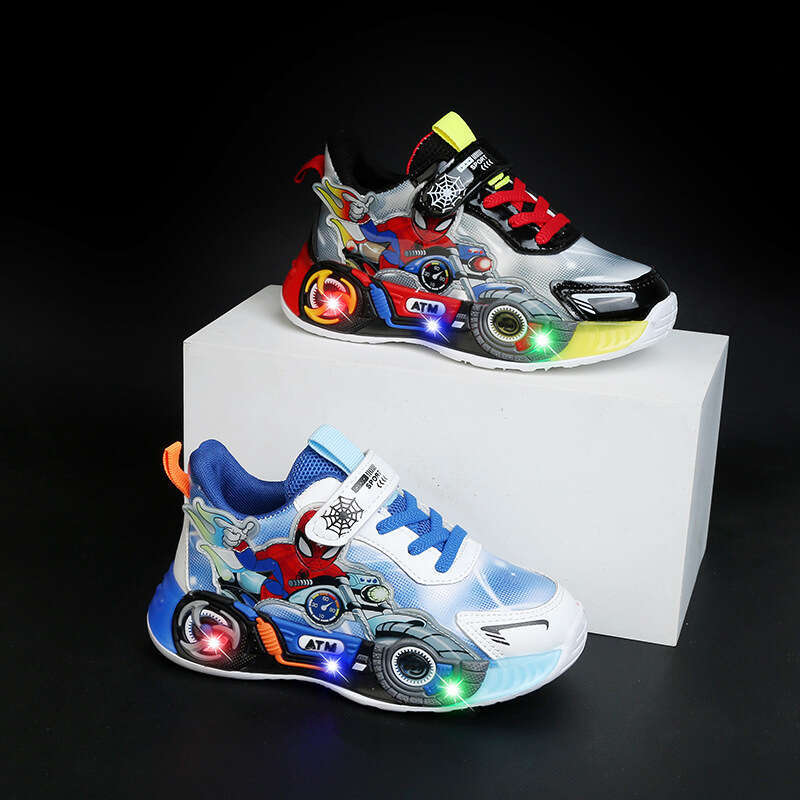 New Spring and Autumn Boys' Children's Sports with Lights, Leather Upper, Spider-Man Glowing Shoes for Young Children