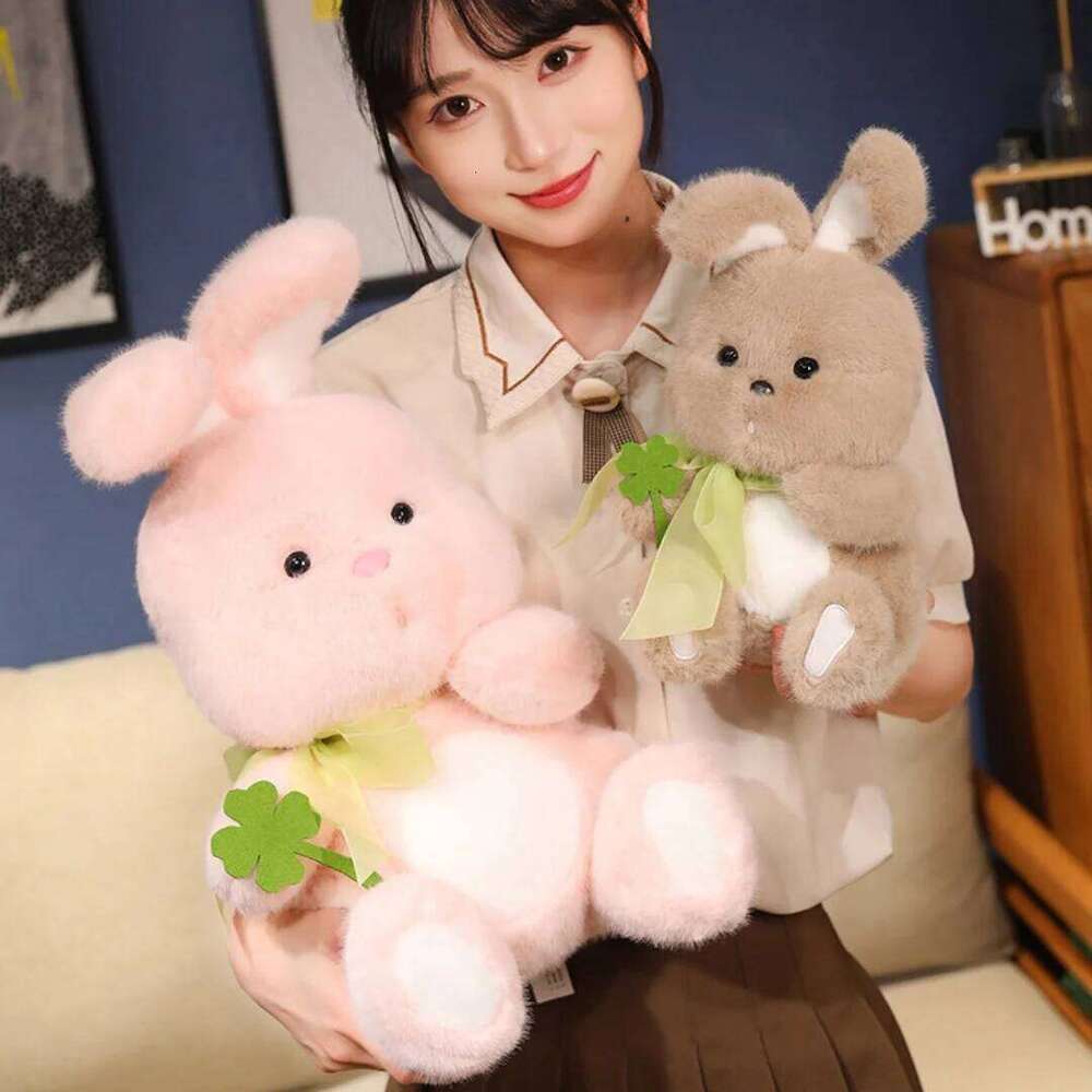 1pc 25cm/9.84in Cute Clover Ribbon Sleeping Pillow Comfort Little White Rabbit Doll Ragdoll Plush Toy W260306-image-1096690843