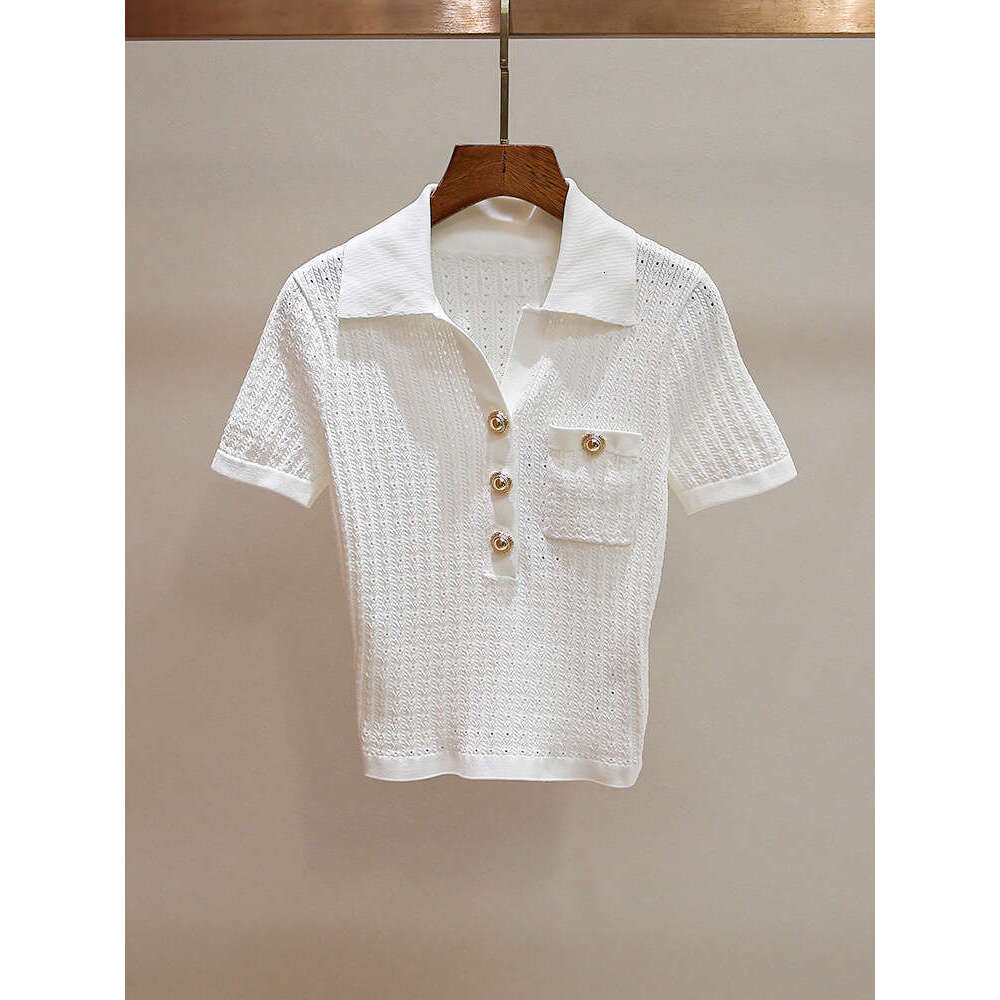 2026 Summer Age Reducing Multi functional Crochet Hook Hollow Regular Shoulder Sleeve Flip Collar c10 Slimming Women's Knitted Short Top