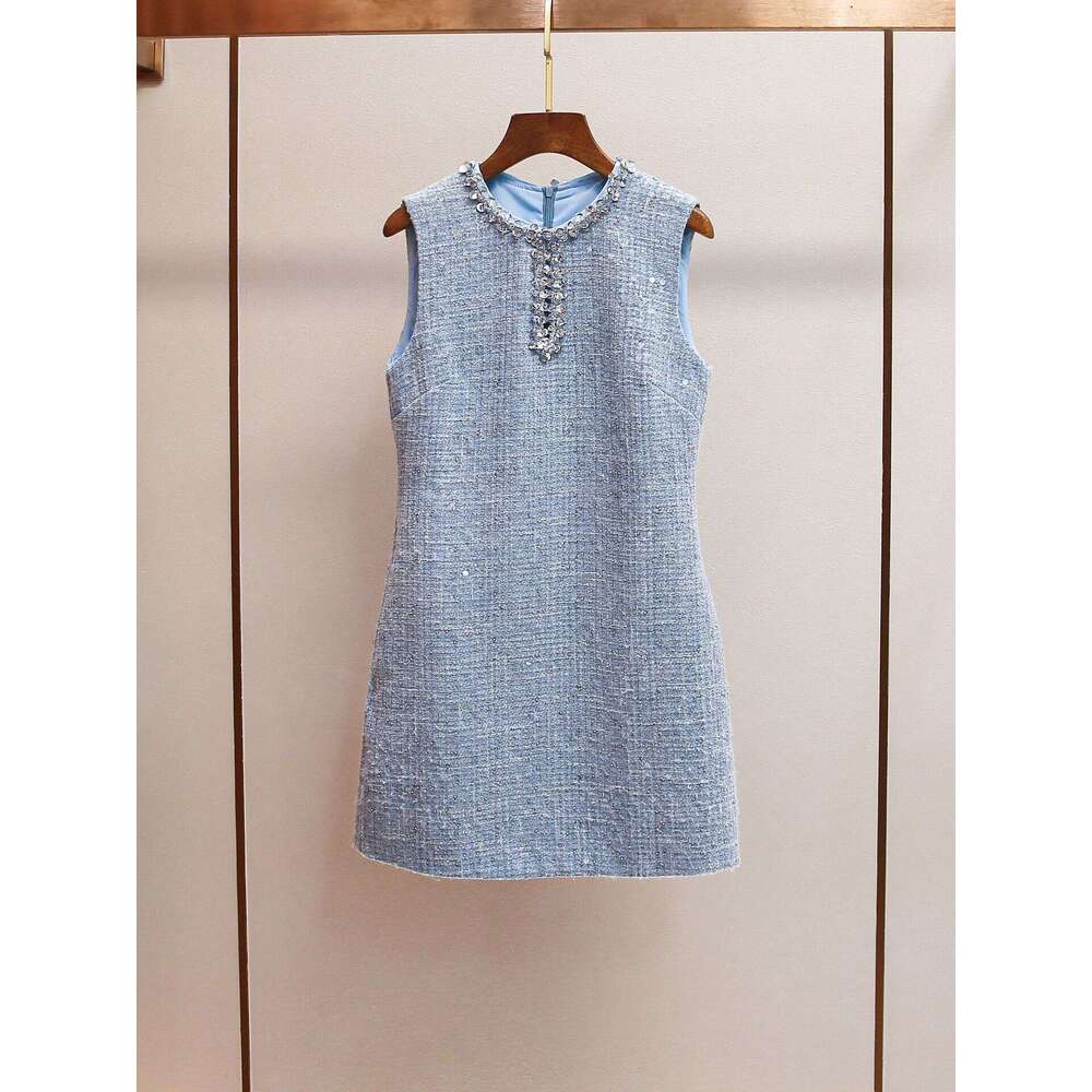 2026 Spring New Designer Celebrity Style Mist Blue Water Diamond c10 Hollow Sexy Round Neck Glitter Tank Top