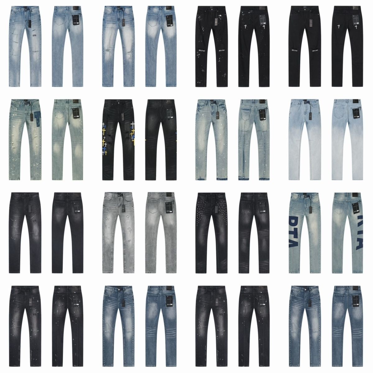 RTA Style Distressed Patchwork Vintage Washed Straight Jeans High Street Slim Fit American Retro Ripped Designer Streetwear Fashion Premium Quality