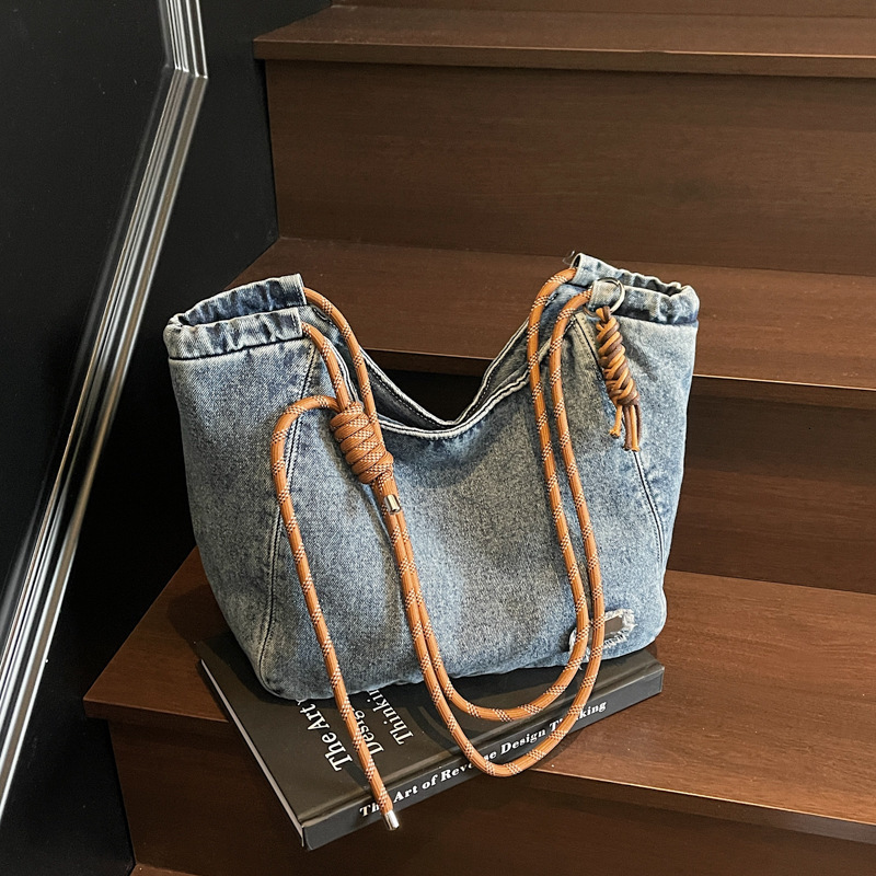 Washable denim jeans womens casual handbag soft student large capacity retro shopping bag womens handbag 241113