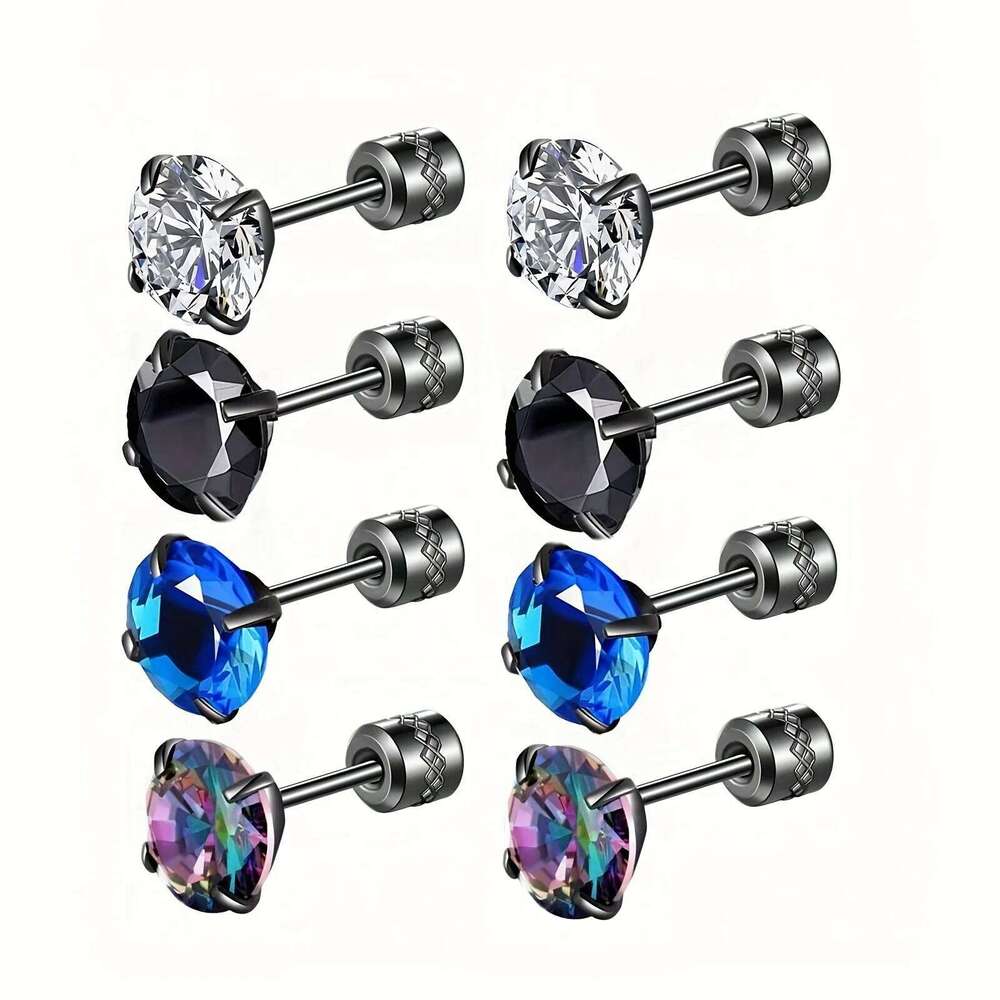 1 Pairs Cubic Zirconia Stainless Steel Studs for Women Men Screw Back Earrings Daily Ear Jewelry gift H260309-image-1096883471