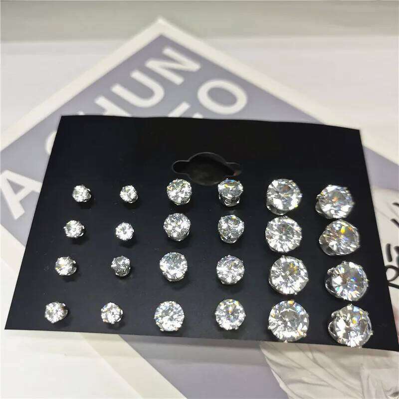 24pcs Cubic Zirconia Stud Earrings - Stainless Steel Claw Set for Men 12 Pairs H260309-image-1096881154