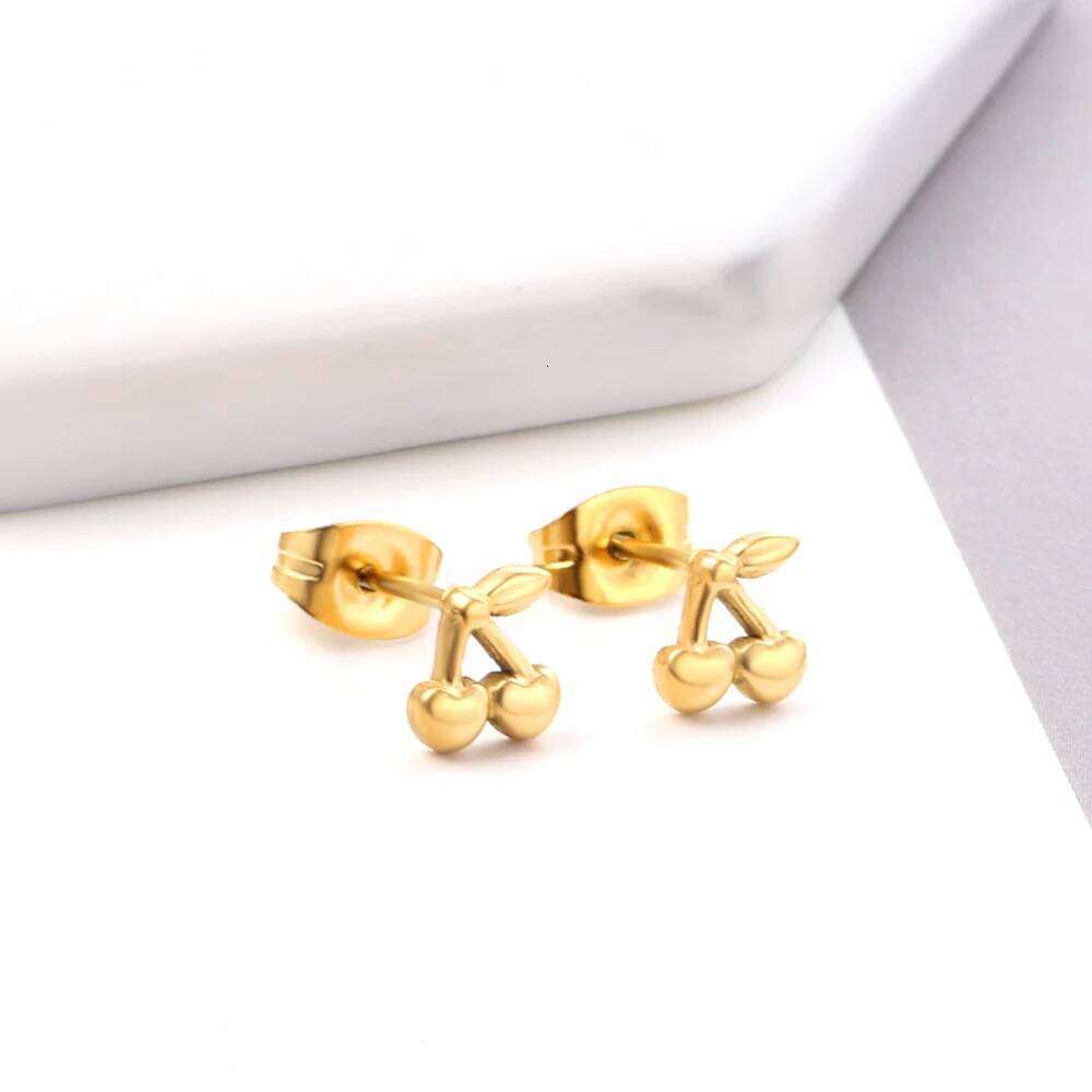 Gold Plated Small Cherry Earrings For Women Girls Korean Style Stainless Steel Push Back Aretes De Mujer Casual Stud Trendy H260309-image-1096881666