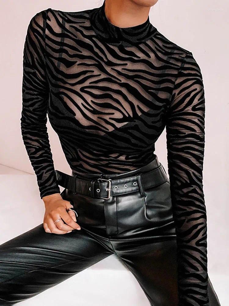 Women's Jumpsuits Black Mesh Transparent Sexy Bodysuit Long Sleeve Slim Skinny Stripe Mock Neck Casual Rompers Women Lady Party Club Body-image-1096814638