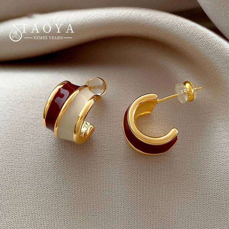 2024 Style vintage Vin rouge Contrastant Demi-cercle Boucles d'oreilles en émail pour femmes Bijoux de tempérament élégant Accessoire de Noël H26