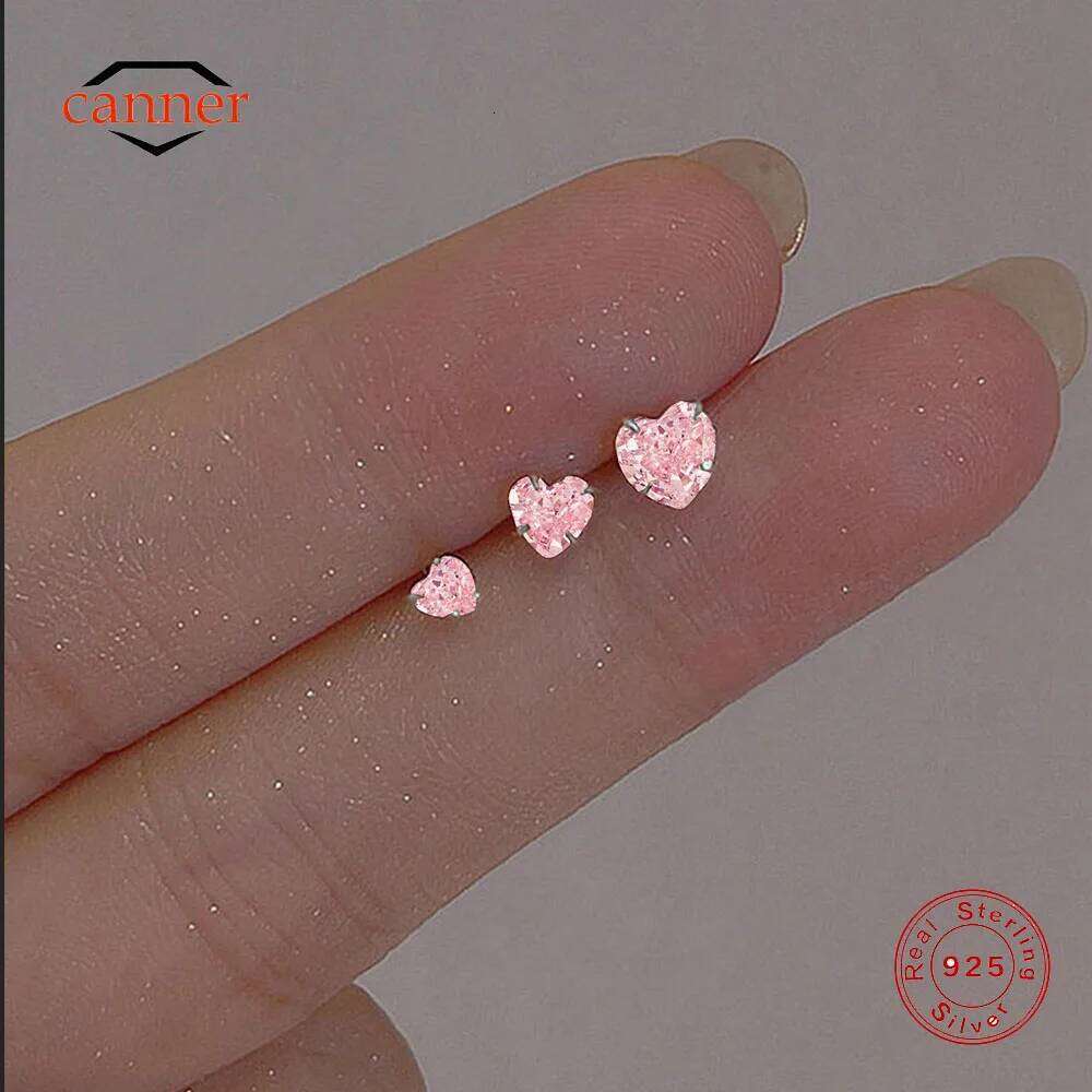 CANNER 3/4/5mm Pink Colored Heart-shaped Zircon 3PCS Set Stud For Women 925 Sterling Silver Ins ly Earrings Gift H260309-image-1096883633