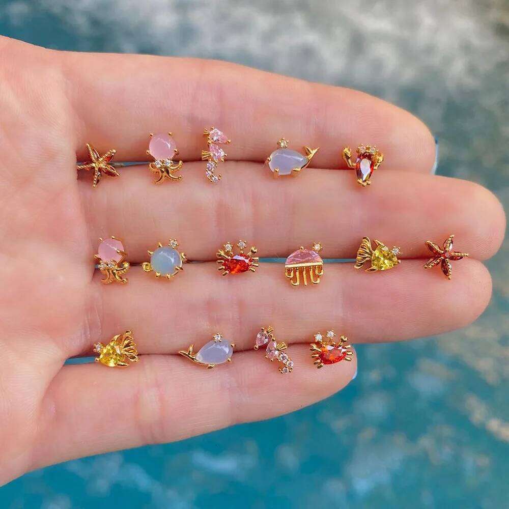 2PCS Mini Ocean Series Animal Small Stud Earrings for Women Multicolor Zircon Marine Lobster Crab Ear Studs Piercing Jewelry H260309-image-1096882170